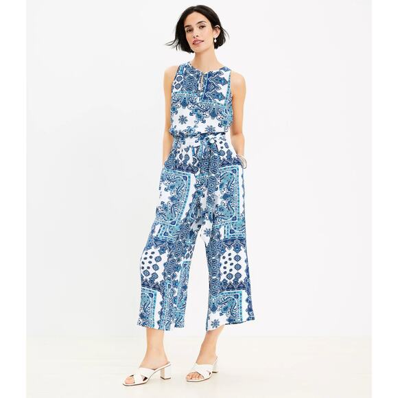 Ann Taylor LOFT Blue Paisley Print Sleeveless Wide Leg Romper Jumpsuit Size S - Picture 1 of 8